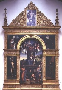 Jungfru och barn tronade med heliga (olja) av D. and Garofalo Dossi