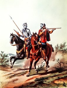 Franskt kavalleri beväpnat med hjullåspistoler (färg litho) av D. de (after) Noirmort