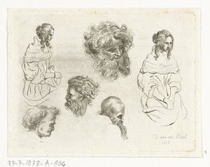 Studieblad med huvuden och kvinnokroppar av D. van den Bosch