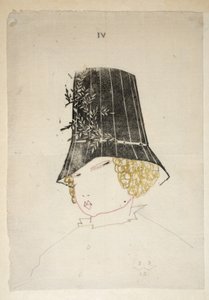 Design för en hatt, skylt 4, illustration från "Wiener Werkstatte Mode 191415", pub. Eduard Kosmack, Wien, 1914-1915 (handfärgat linosnitt)
