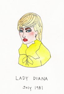 Lady Diana, 2017 (gult, rött, blått och brunt indiafärg med tuschpenna på papper)