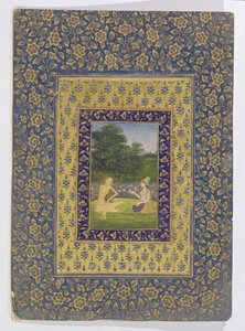 Layla Reading till Majnun, som sitter under ett träd vid en lotuspool, Delhi, ca 1720-40 av Dal Chand