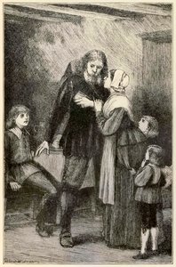 Christian anförtror sig till sin fru från The Pilgrims Progress From This World, To That What Is To Come av John Bunyan (1628-1688) illustration av Thomas Dalziel (1823-1906) Christian med den tunga bördan av Dalziel Brothers
