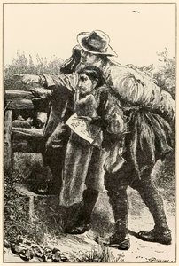 Evangelist visar vägen från The Pilgrims Progress From This World, To That What Is To Come av John Bunyan (1628-1688) illustration av Thomas Dalziel (1823-1906) Evangelist som visar Christian the wa