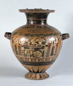 Svartfigur hydria som visar nereiderna som sörjer Achilles, ca 560-550 f.Kr. (keramik)