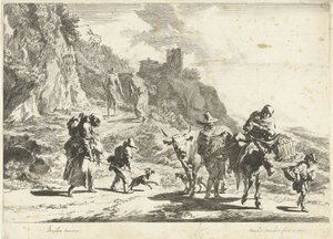 Kvinna på en packad åsna, man med ko och andra resenärer i bergslandskap Southern Landscapes (serietitel)