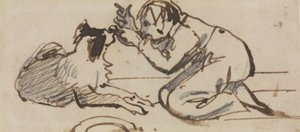 Ett barn som leker med en hund (penna, penna och brunt bläck på papper) av Daniel Maclise