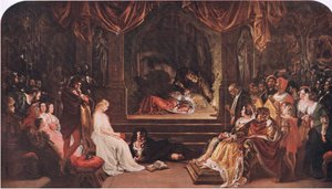 Hamlet och spelarna (Hamlet) "He poisons him I the garden for the state", från The Complete Works of William Shakespeare pub.av J Coker & Co Ltd (färg litho)