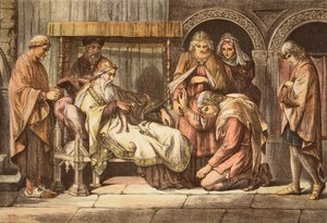 Harold, som återvänder från Normandie, presenterar sig själv för Edward the Confessor, graverad av JD Cooper (färgad gravyr) av Daniel Maclise