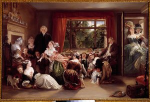 Spelet av toffeljakten Spelscen i en engelsk borgerlig interiör. Målning av Daniel Maclise (1806-1870) 1800-talets privatsamling