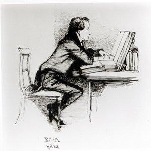 Porträtt av Charles Lamb (1775-1834) (penna och bläck på papper) (s/v foto) av Daniel Maclise