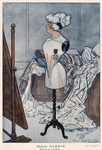 Madame Jeanne Paquin (1869-1936), fransk couturiere, representerad med hederslegionens kors som hon just har erhållit - illustration av Daniel De Losques (Henri Casimir Paul Thhouroude dit) (1880-1915) i "" Fantasio"" av 1913