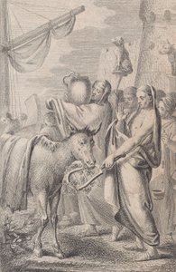 Figurer till höger nära ett skepp, några håller upp djur över huvudet, en häst till vänster, 1783 av Daniel Berger