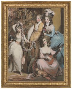Ett porträtt i helfigur av Mary Sturt of Crichel (1740-1807) stående med sina tre äldsta barn, Diana, Mary och Humphry (blyerts, pastell och akvarell) av Daniel Gardner