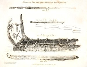 En bensläde, hundpiska, spjut och kniv från Arctic Highlanders, illustration från 
