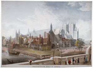 Utsikt över Westminster Hall och Abbey, från Westminster Bridge, London, 1819. av Daniel Havell