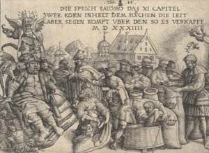 Illustration till Ordspråksboken 11:26, 1534.