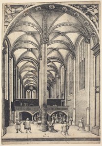 Interiör i kyrkan Sankta Maria Magdalena med liknelsen om änkans offer av Daniel Hopfer