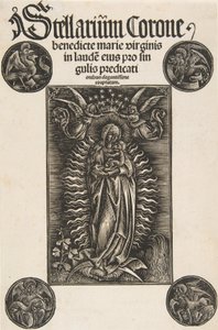 Virgin on a Crescent, Titelsida från Pelbartus de Temesvar: Stellarium corone Schr. 2869..., 1502. av Daniel Hopfer.