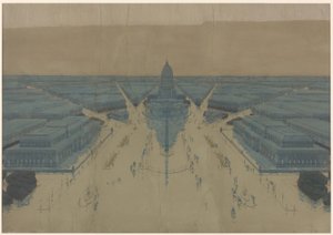 Vy över det föreslagna Civic Center Plaza och byggnaderna, 1909 års plan över Chicago