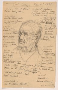 Ritning, Hiram Sibleys huvud, många anteckningar, 1885 av Daniel Huntington