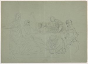 Teckning, Maria tvättar Kristi fötter, flera män sittande vid ett bord; Verso: anteckningar, 1852 av Daniel Huntington