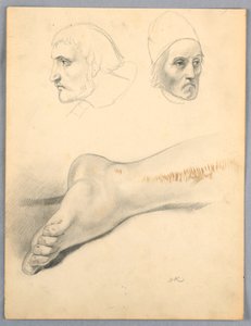Teckning, höger fot och två huvuden S, 1852 av Daniel Huntington