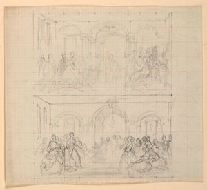 Teckning, Två figurkompositioner till målningen "Lady Washingtons mottagning", 1860 av Daniel Huntington