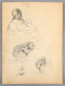 Madonna och barn, skisser efter Leonardo Da Vinci och Fra Bartolomeo av verk i Uffizierna, Florens