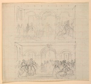 Två figurkompositioner för målningen "The Republican Court" (Lady Washingtons mottagningsdag) av Daniel Huntington