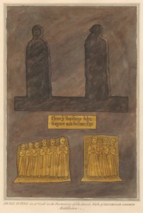 Mässingsplåtar på en oidentifierad grav i trottoaren i South Aisle från Hillingdon Church av Daniel Lysons