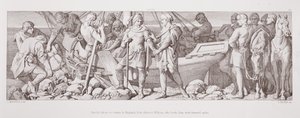 Harald, som är på väg att återvända till England, säger adjö till Vilhelm, som ger honom avskedspresenter, från "The Story of the Norman Conquest", graverad av L. Gruner, 1866. av Daniel Maclise