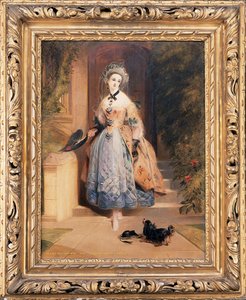 Porträtt av Louisa Jane, Marchioness of Abercorn, liten helfigur, in i en utsökt broderad gul och blå klänning, vid ingången till ett hus, med en spaniel, 1832 av Daniel Maclise