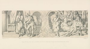 Tostig, som planerar en ny attack mot Harald, ber om hjälp av Sweyn, kung av Danmark, och Harald Hardrada, kung av Norge. av Daniel Maclise