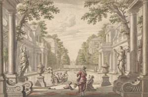 Utsikt över en palatsträdgård med en central damm omgiven av klassisk arkitektur..., ca. 1700-1720.