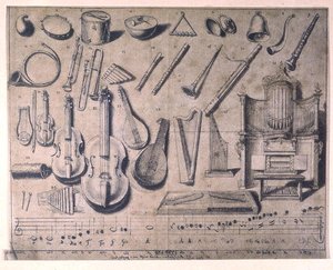 Olika musikinstrument: slagverk, stråk- och blåsinstrument, orgel, 1900-talet (färgad gravyr)