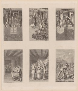 6 blad om ”Preussisk-brandenburgisk statshistoria” av Daniel Nikolaus Chodowiecki
