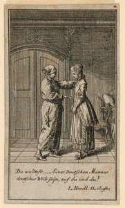 A Father or Guardian Talking to a Girl, Illustration av pjäsen "Not more than sachs Schuesseln" av Fredrich Wilhelm Grossman i "Königl: Grosbrit [rian] genealogical calendar for the 1782 year Lauenberg by J.G. Berenberg" av Daniel Nikolaus Chodowiecki