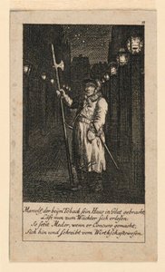 A Night Watchman, Illustration för "Königl: Grosbrit [anian] genealogical calendar for the 1780 year Lauenberg by J.G. Berenberg" av Daniel Nikolaus Chodowiecki