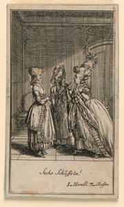 An Elderly Woman Scolding a Girl, Illustration av pjäsen "Not more than sachs Schuesseln" av Fredrich Wilhelm Grossman i "Königl: Grosbrit [anian] genealogical calendar for the 1782 year Lauenberg by J.G. Berenberg" av Daniel Nikolaus Chodowiecki