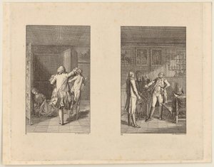 Baronen jagar ut Candide från slottet [till vänster]; Candide, Kunigunde och den gamla kvinnan inför guvernören i Buenos Aires [till höger]