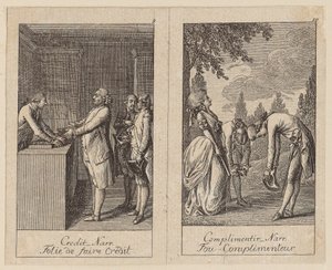 Blad 9 och 10 ur *Centifolium Stultorum*, *Dårskaper* av Daniel Nikolaus Chodowiecki