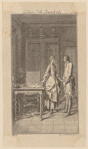 Bunkel i Miss Henriette Noels bibliotek, blad 1 ur ”Johann Bunkels liv, iakttagelser och åsikter” av Daniel Nikolaus Chodowiecki