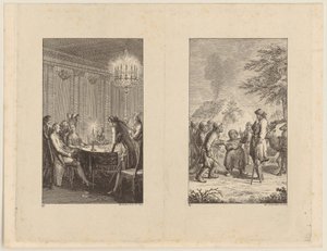 Candide hos en skådespelerska [vänster]; Candide i Norge [höger] av Daniel Nikolaus Chodowiecki
