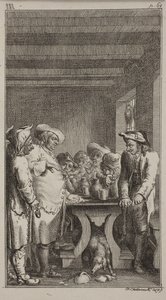Scheerers hund slickar det färgade vattnet från ett trasigt kärl under bordet, kring vilket 4 bönder sitter och 3 står och röker och dricker tobak. ob. III, sid. 61 av Daniel Nikolaus Chodowiecki