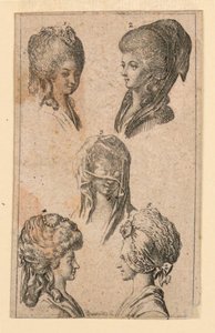 Fem huvudbonader, som bärs av Berlins kvinnor, Illustration för "Königl: Grosbrit [anian] genealogical calendar for the 1782 year Lauenberg by J.G. Berenberg" av Daniel Nikolaus Chodowiecki
