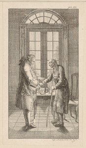 Herr v. G. sträcker fram handen mot den gamle mannen av Daniel Nikolaus Chodowiecki