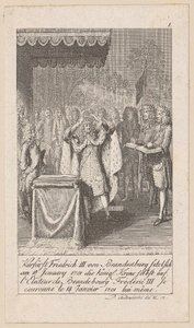 Kurfyrst Fredrik III av Brandenburg kröner sig själv, blad 1 i serien "Äldre, medeltida och nyare historia" av Daniel Nikolaus Chodowiecki