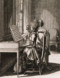 Musik, kvinna som spelar spinet, av Daniel Nikolaus Chodowiecki (1726-1801), från Occupations des dames, Tyskland, Polen av Daniel Nikolaus Chodowiecki