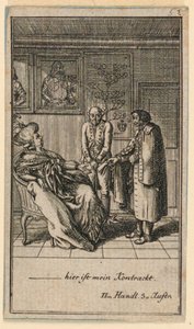 The Elderly Woman Hires a Man, Illustration av pjäsen "Not more than sachs Schuesseln" av Fredrich Wilhelm Grossman i "Königl: Grosbrit [anian] genealogical calendar for the 1782 year Lauenberg by J.G. Berenberg" av Daniel Nikolaus Chodowiecki